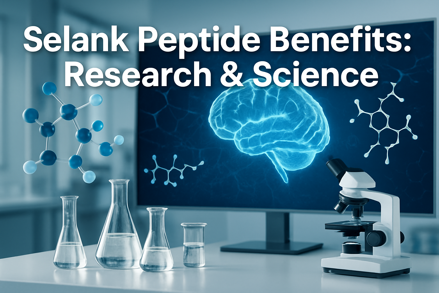 Professional landscape hero image (1536x1024) featuring bold text overlay 'Selank Peptide Benefits: Research & Science' in extra large 72pt 