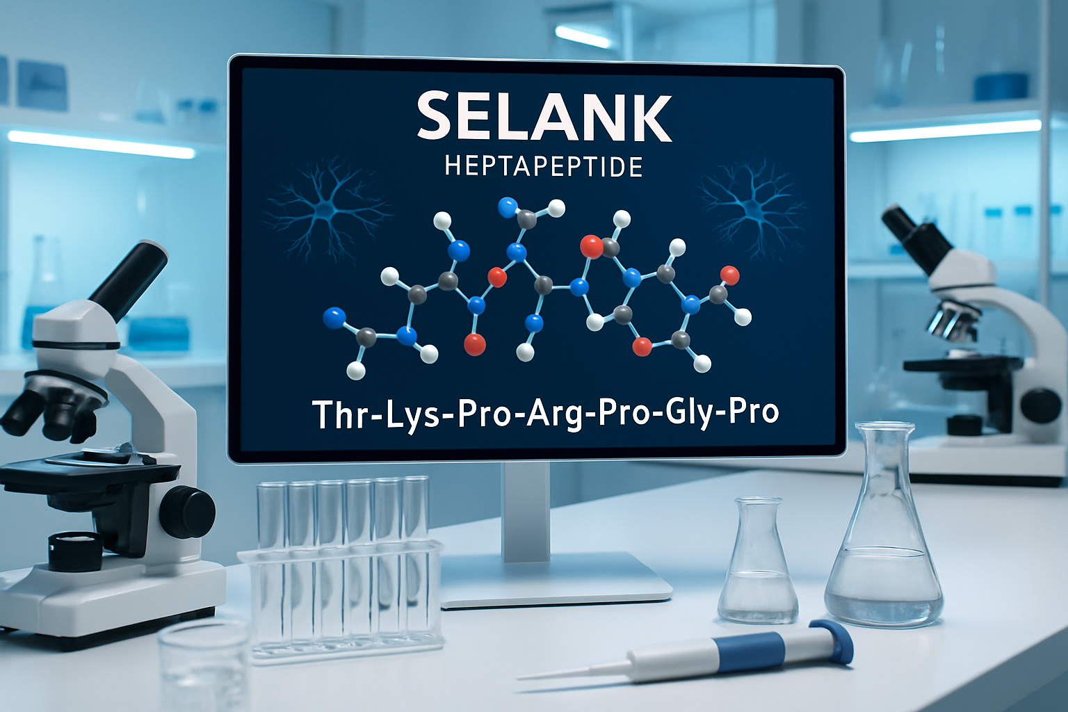 Scientific laboratory scene showing molecular structure of Selank heptapeptide with amino acid sequence Thr-Lys-Pro-Arg-Pro-Gly-Pro displaye
