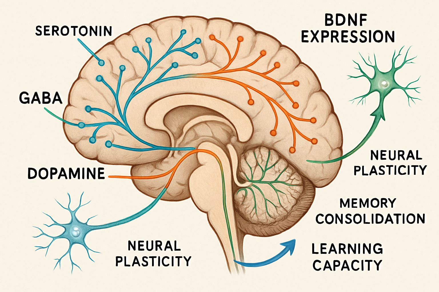 Detailed infographic showing brain cross-section with highlighted neurotransmitter pathways including serotonin, dopamine, and GABA systems.