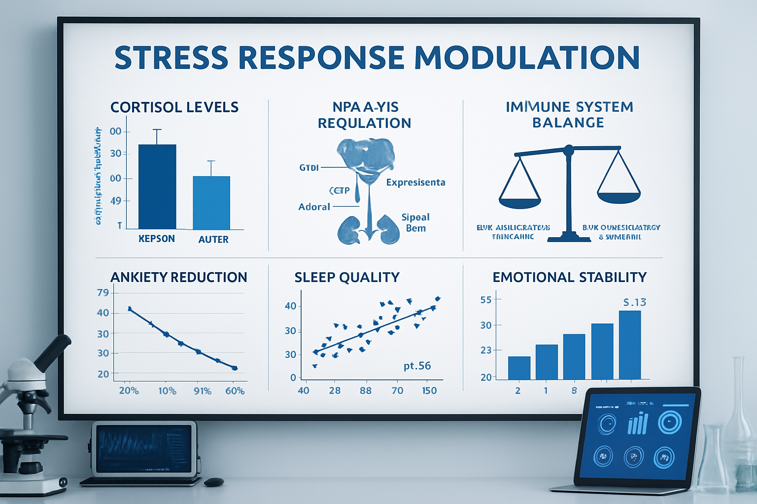 Comprehensive research data visualization showing stress response modulation with before/after cortisol level charts, HPA axis regulation di