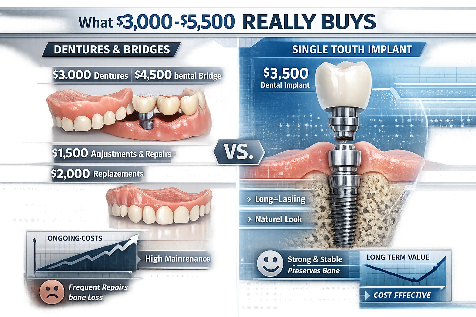 Conceptual financial illustration representing 'What $3,000-$5,500 Really Buys' in dental implant services. Create a split-screen compositio