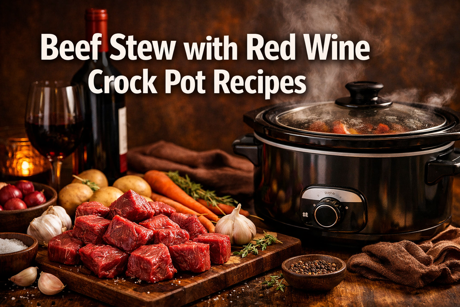 Professional landscape hero image (1536x1024) featuring bold text overlay 'Beef Stew with Red Wine Crock Pot Recipes' in extra large 72pt wh