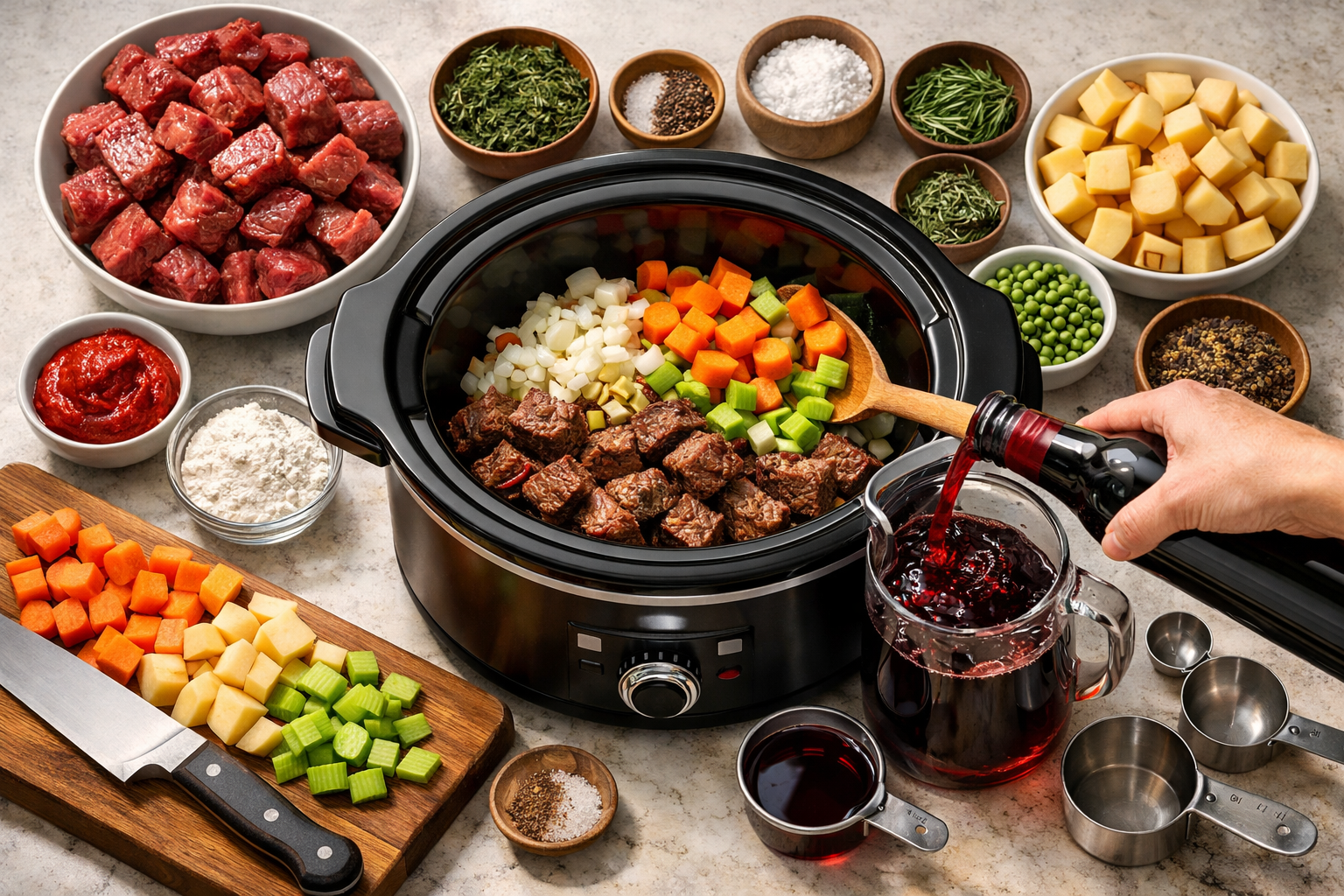 Professional landscape image (1536x1024) showing step-by-step beef stew preparation process with multiple bowls containing cubed beef, diced