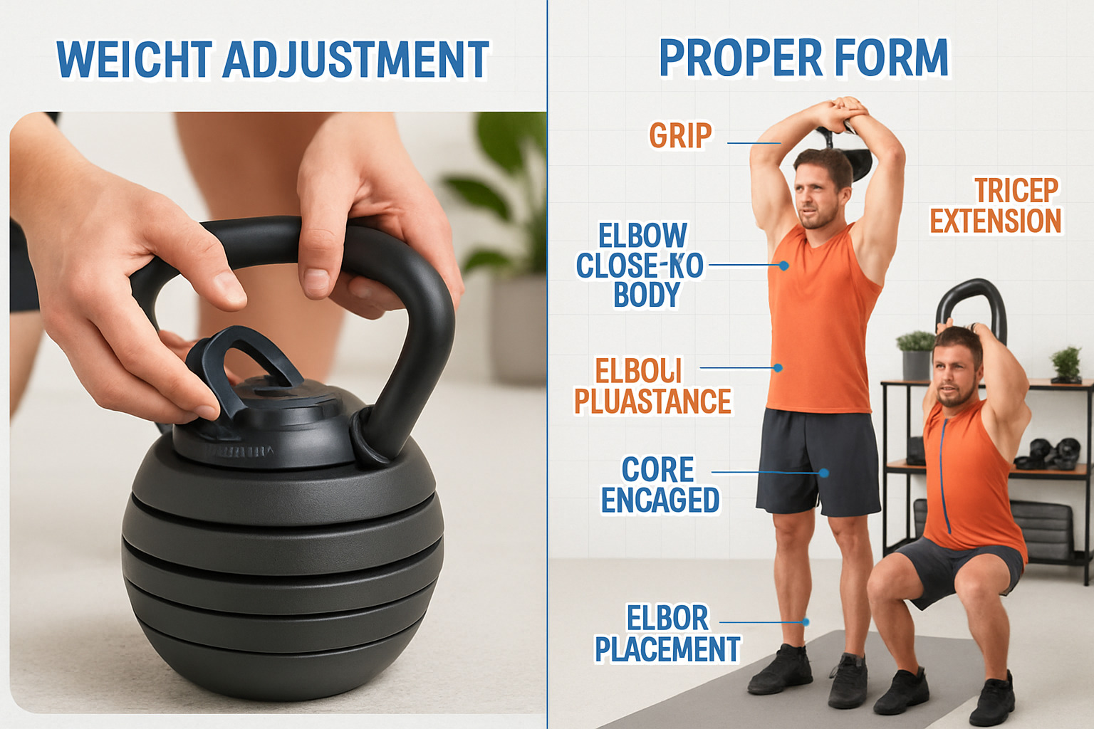 Detailed instructional scene showing adjustable kettlebell arm workout sequence in home gym setting, split-screen composition displaying pro