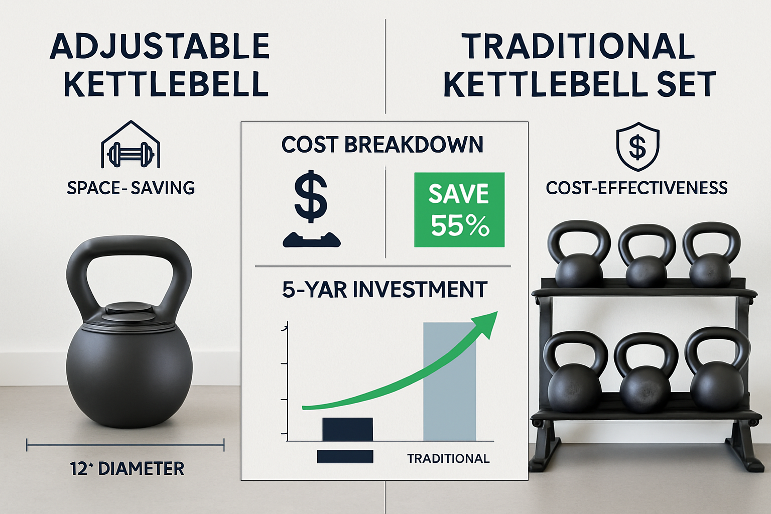 Modern home gym comparison infographic showing space efficiency and cost savings of adjustable kettlebells versus traditional fixed-weight s