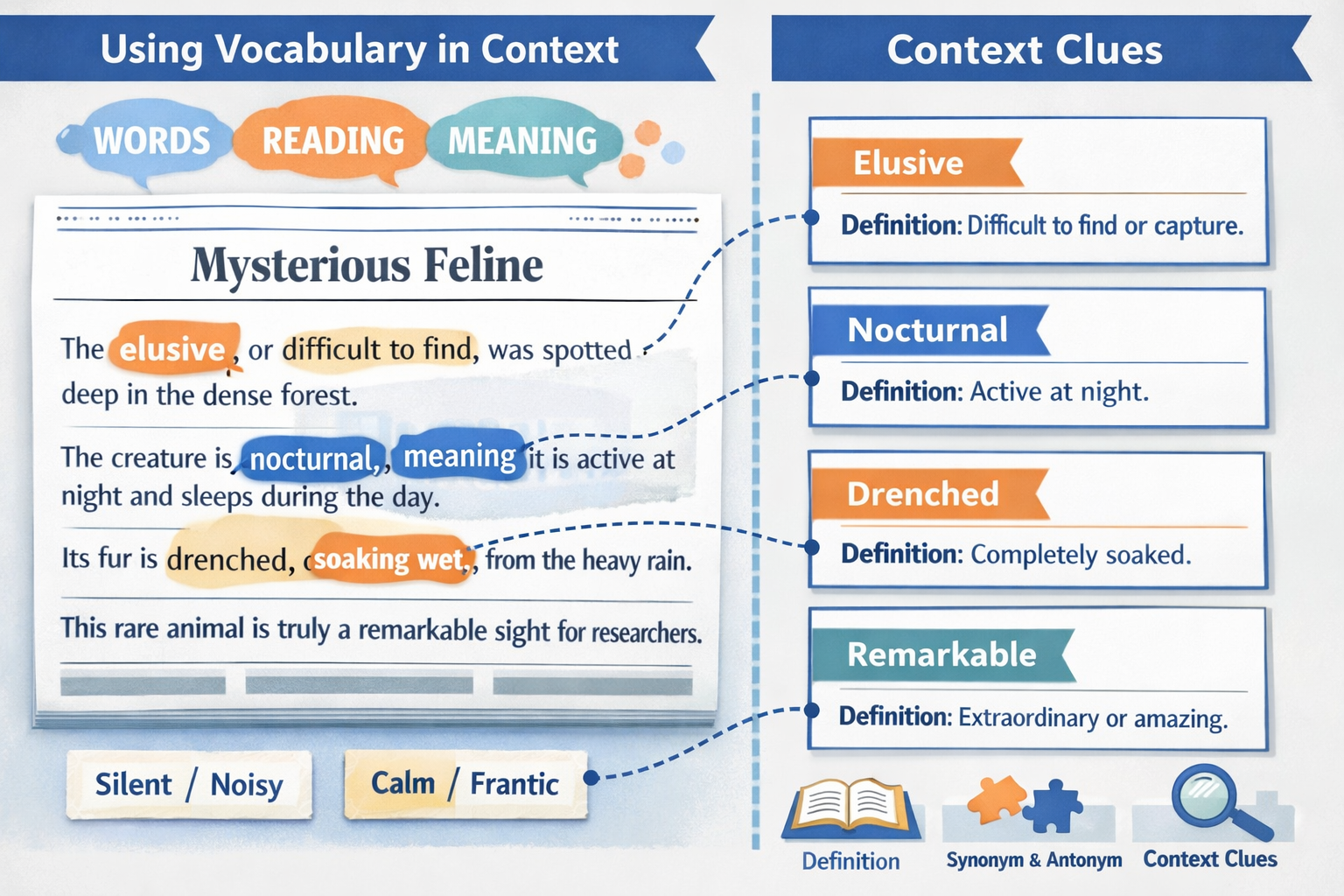 Professional landscape format (1536x1024) illustration depicting vocabulary in context strategies with split-screen design showing newspaper