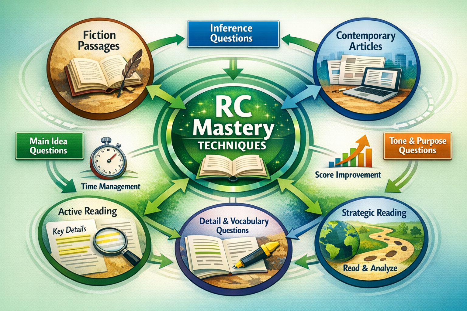 Comprehensive landscape format (1536x1024) reading comprehension strategy diagram featuring multiple CLAT passage types (fiction, non-fictio