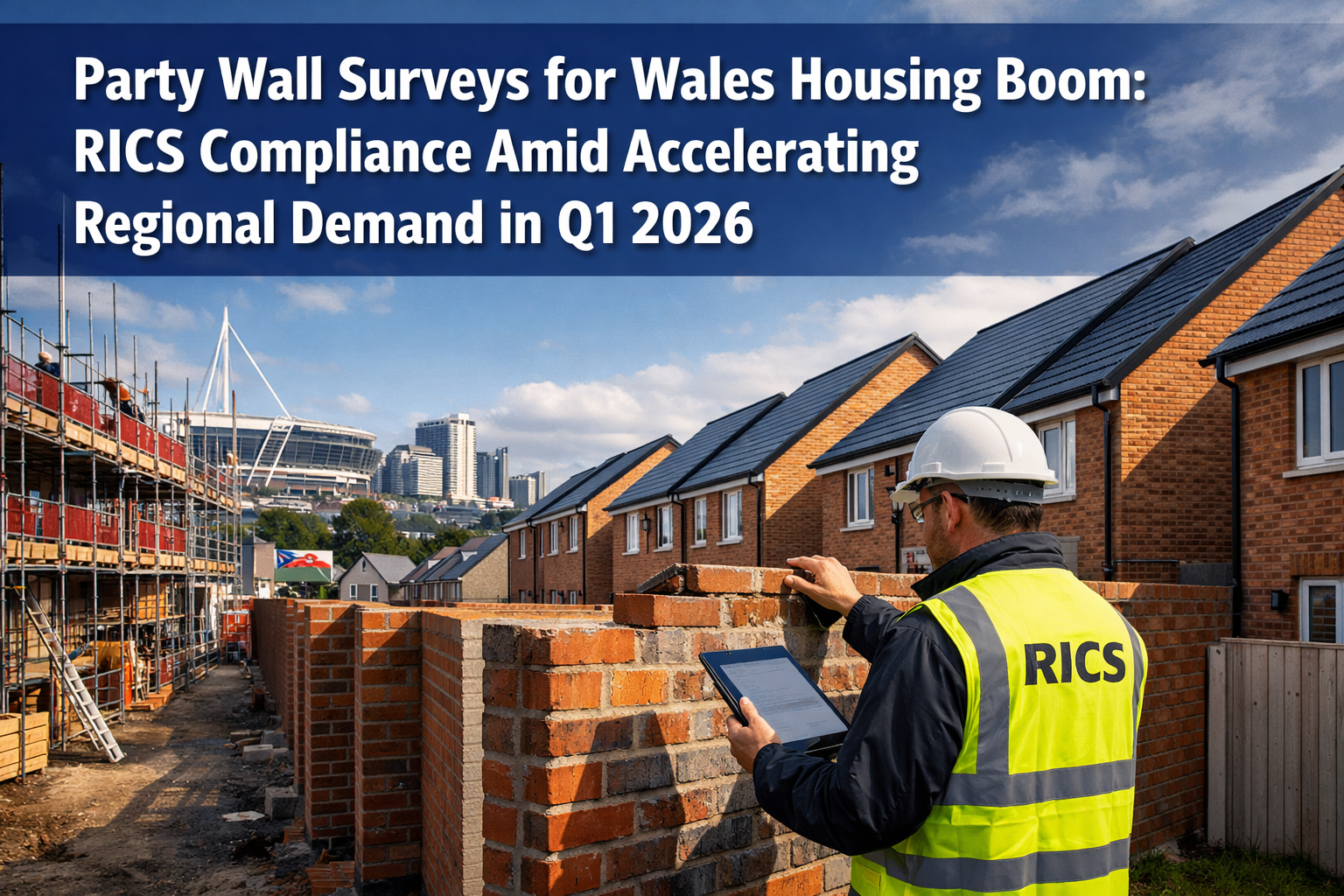 Professional () editorial hero image with 'Party Wall Surveys for Wales Housing Boom: RICS Compliance Amid Accelerating