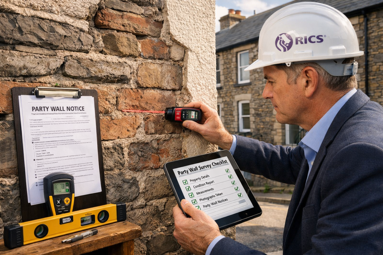 Detailed () image showing professional RICS chartered surveyor in business attire conducting detailed party wall inspection