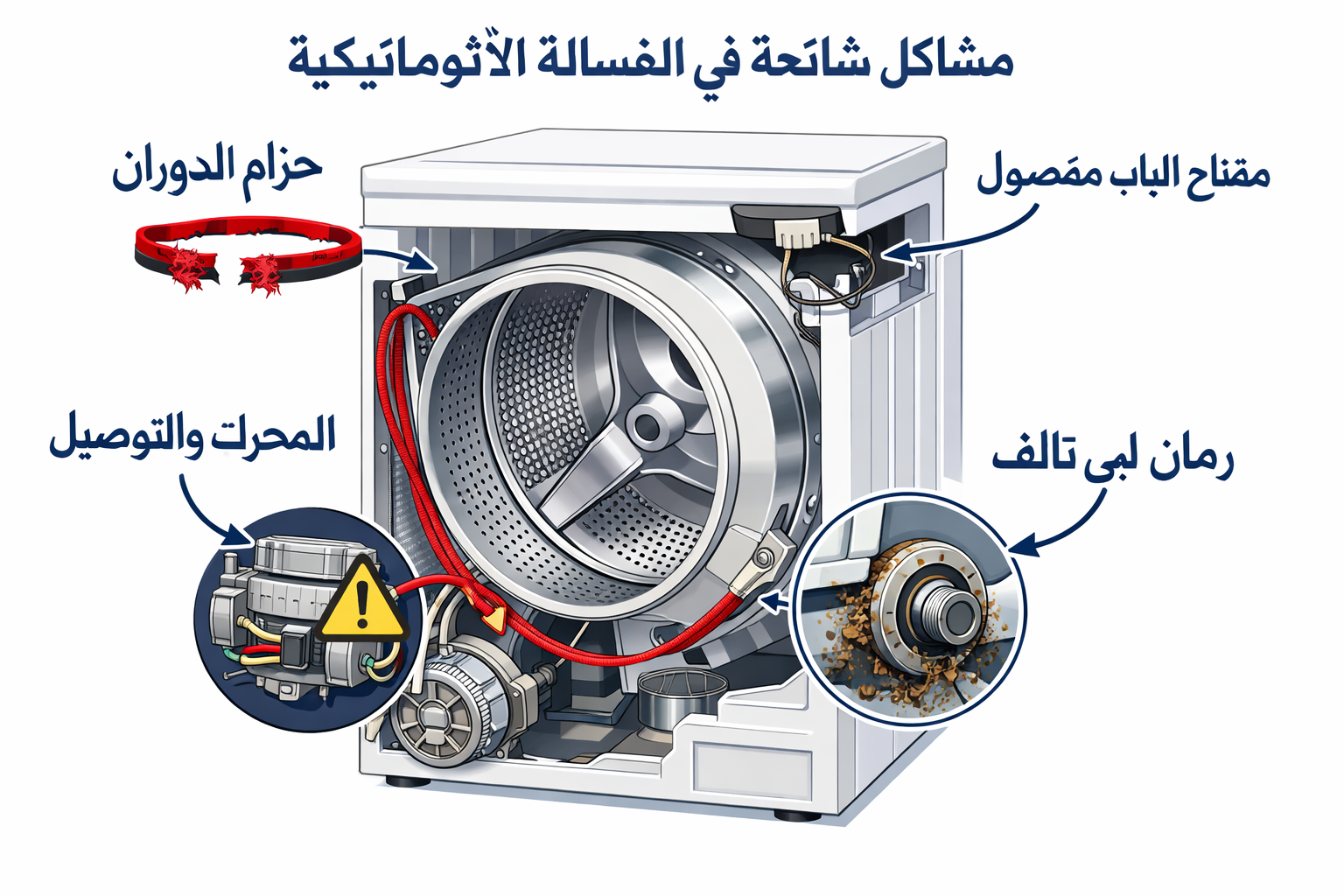 () diagnostic infographic-style illustration showing cross-section cutaway of automatic washing machine drum interior,