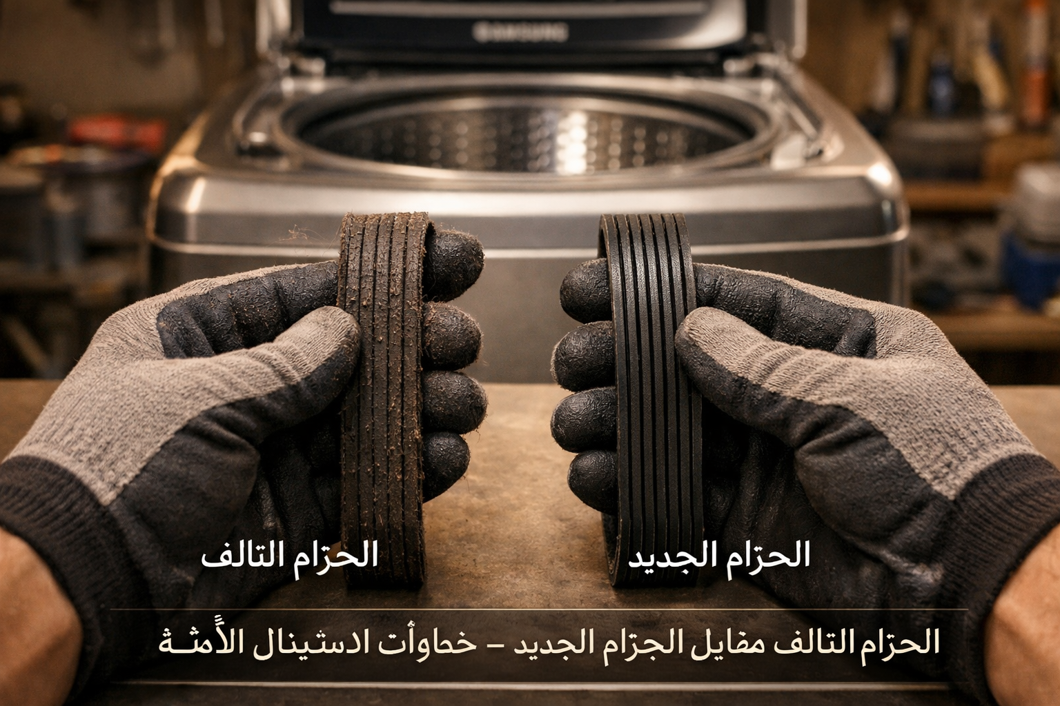 () close-up workshop scene showing a technician's hands (gloved) holding a worn drive belt next to a new replacement belt,