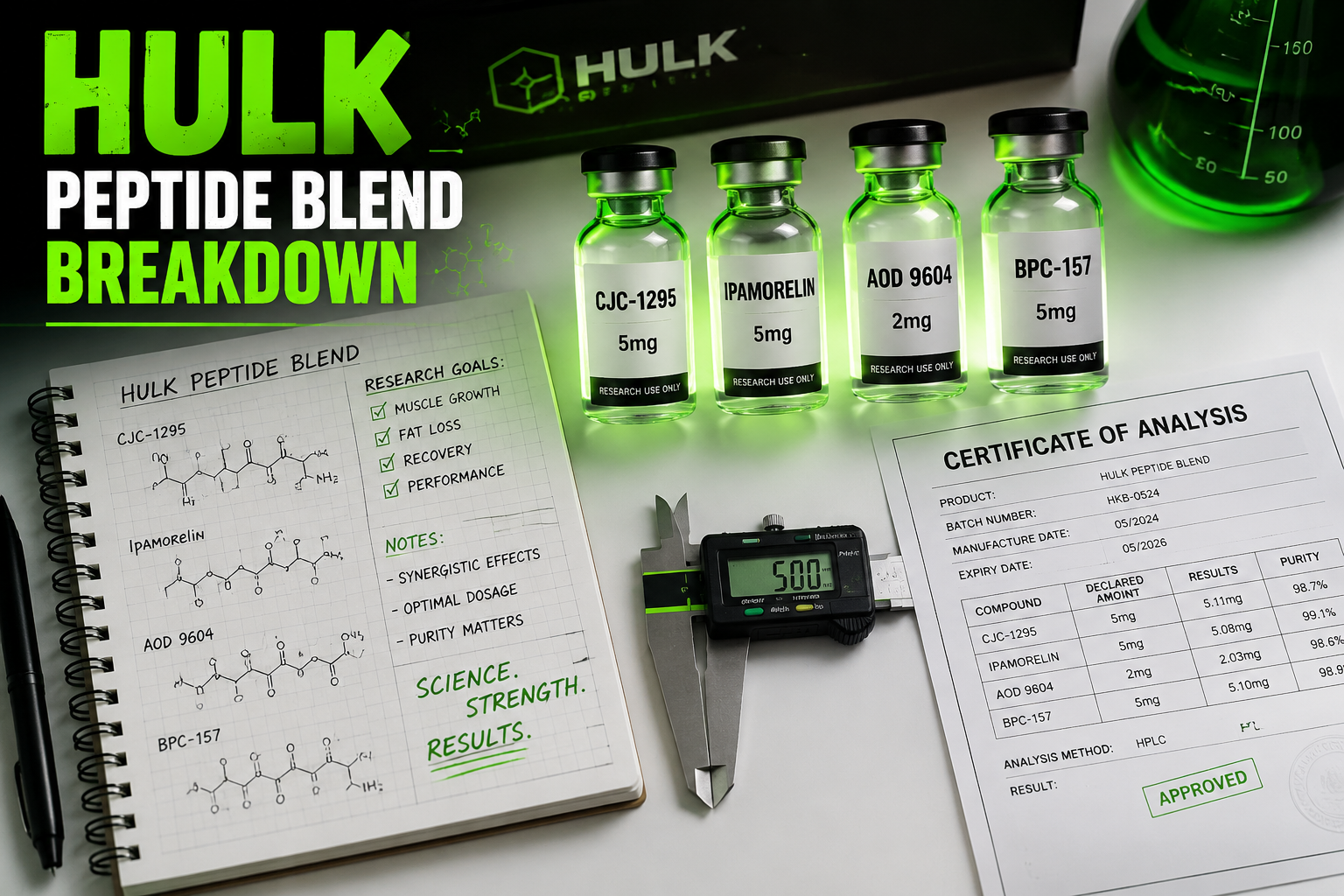 Detailed () showing a close-up overhead flat-lay of peptide research vials labeled with compound names, a lab notebook with
