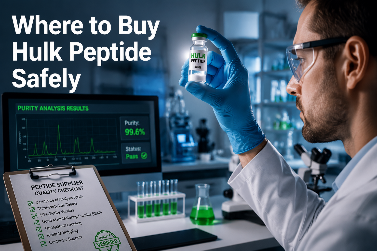Detailed () showing a side-angle view of a researcher in gloves examining a peptide vial against a light source in a modern