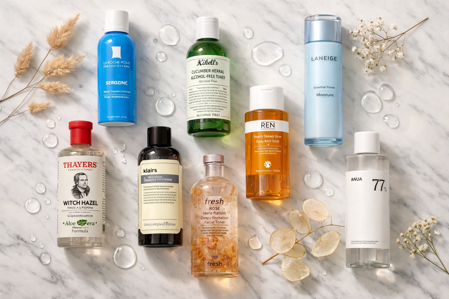 Professional flat-lay hero image of 9 skincare toner bottles arranged on a white marble surface with dried botanicals,