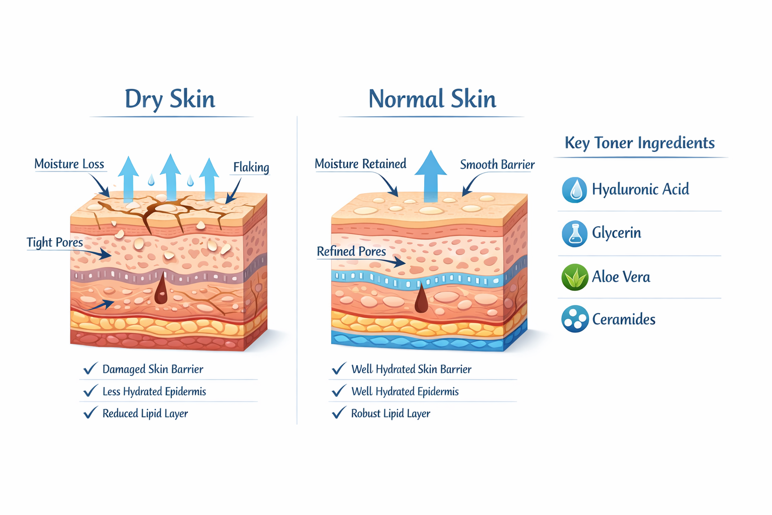 Clean infographic showing the anatomy of dry skin vs. normal skin barrier, with labeled arrows pointing to moisture loss,