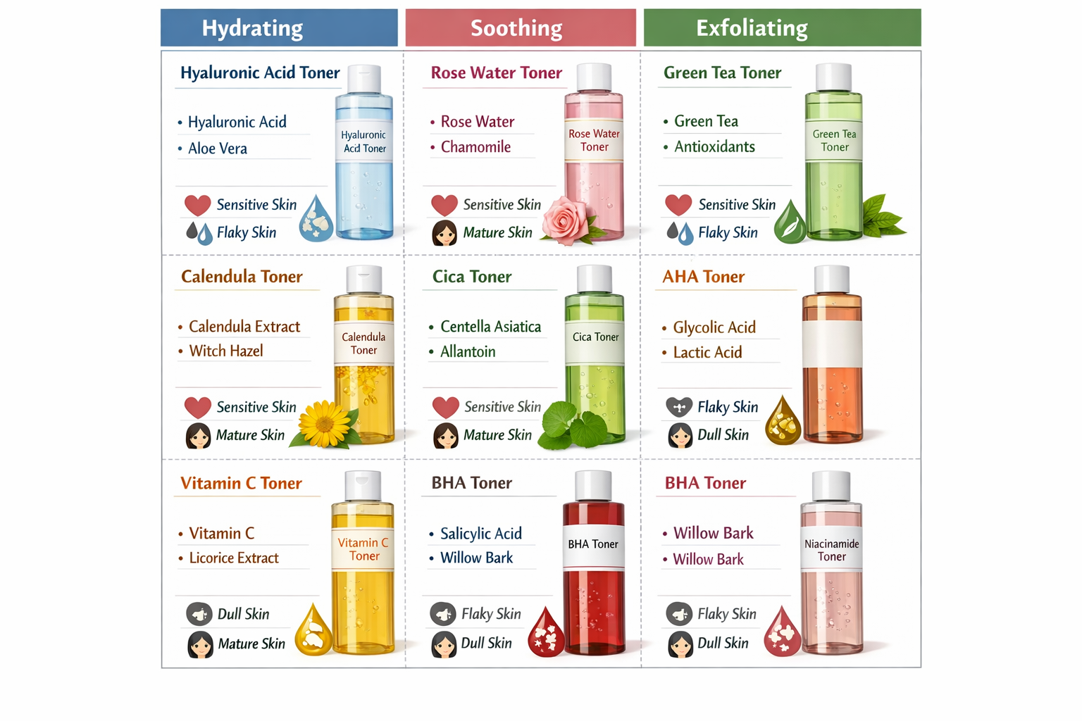 Side-by-side visual comparison grid of all 9 toners with product category labels (hydrating, soothing, exfoliating,