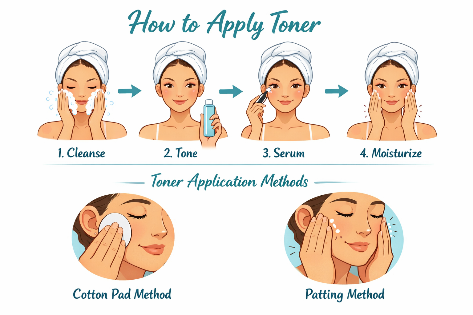Step-by-step illustrated skincare routine diagram showing correct toner application order: cleanse → tone → serum →