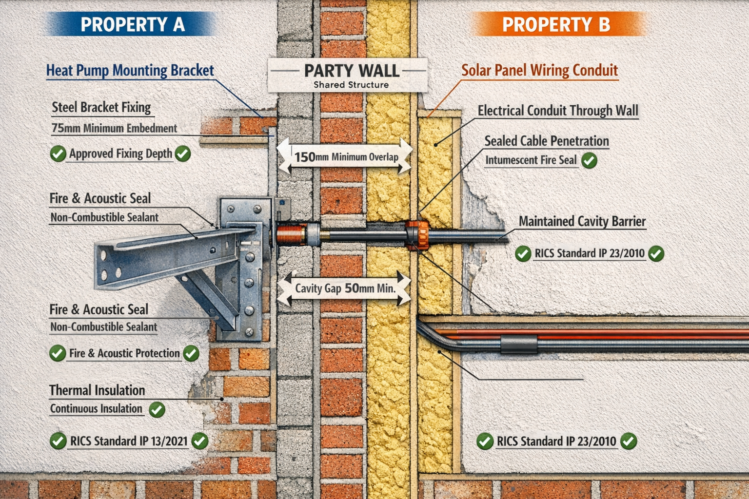 Detailed () image showing close-up cross-section diagram of party wall between two properties with renewable energy retrofit