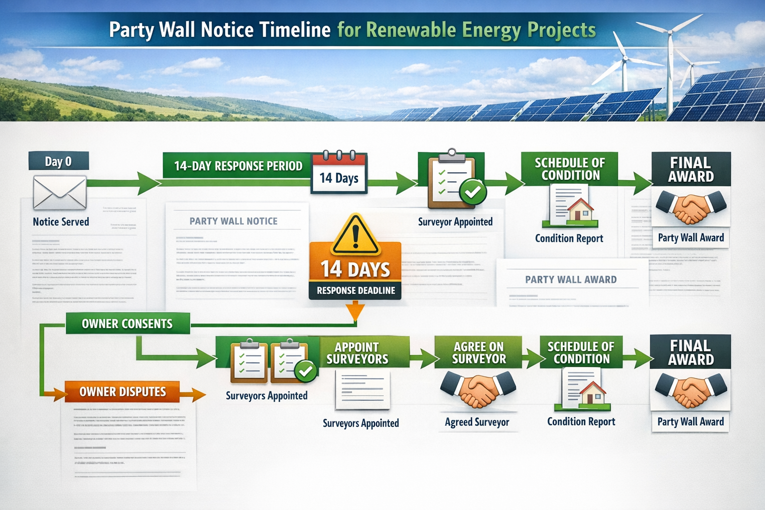 Comprehensive () infographic displaying complete party wall notice timeline and process flowchart for renewable energy