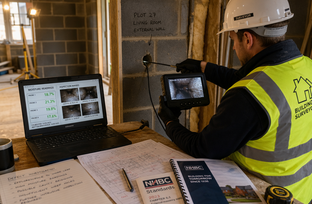Wide-angle editorial photograph of a professional building surveyor conducting an intrusive inspection inside a new-build