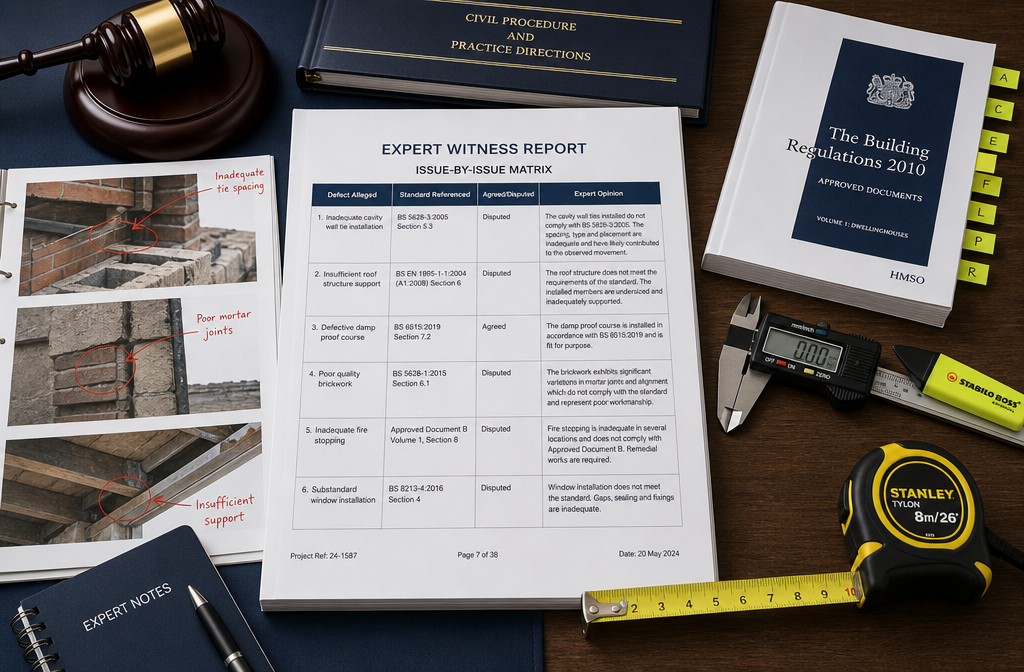 Overhead flat-lay editorial image of a structured expert witness report on a desk, showing an issue-by-issue matrix table