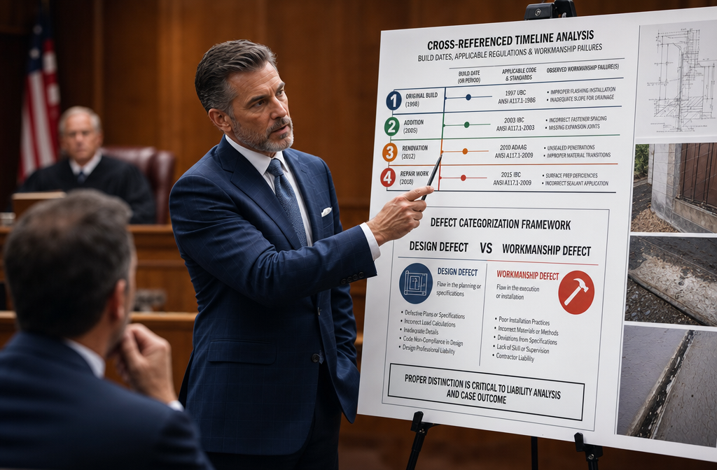 Courtroom-adjacent editorial scene showing a smartly dressed expert witness surveyor standing at a presentation board