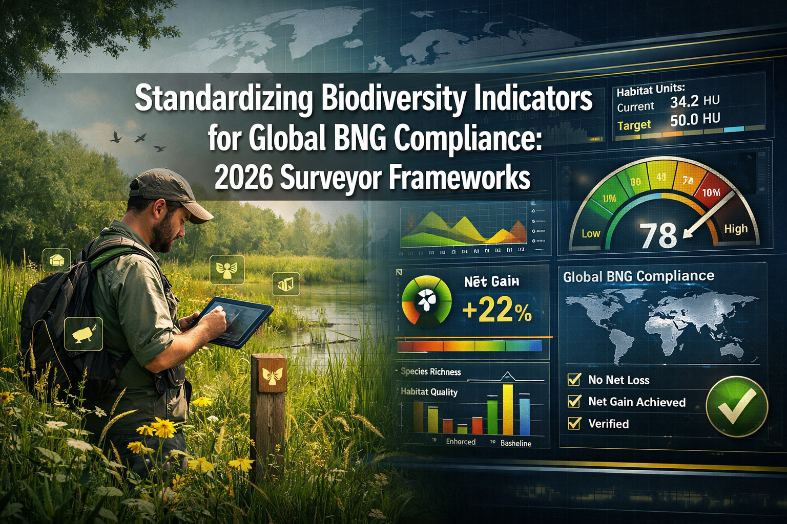 Professional () hero image featuring 'Standardizing Biodiversity Indicators for Global BNG Compliance: 2026 Surveyor
