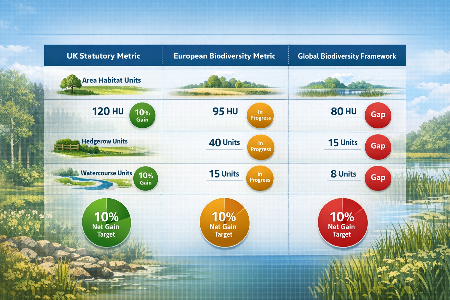 Detailed () image showing comprehensive biodiversity indicator framework comparison table with three columns labeled 'UK