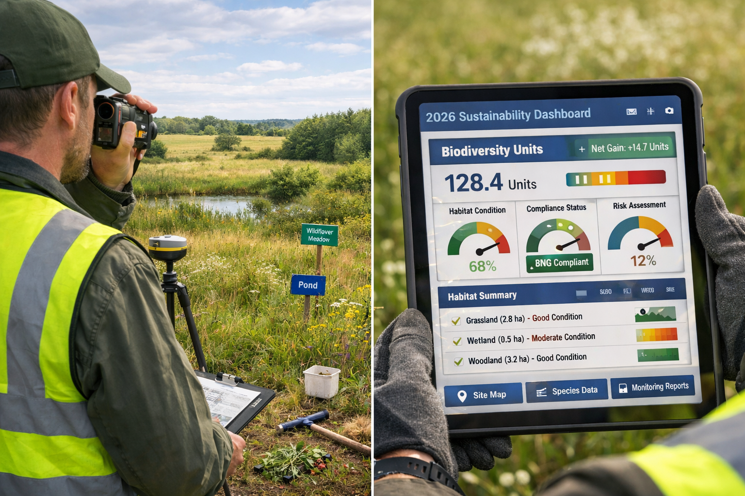 Detailed () image depicting modern biodiversity surveyor in high-visibility vest using advanced digital tablet with BNG