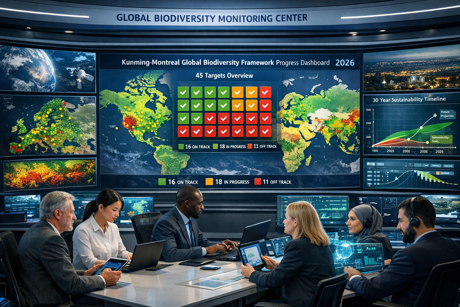 Detailed () image showing futuristic global biodiversity monitoring control center with large curved display screens showing