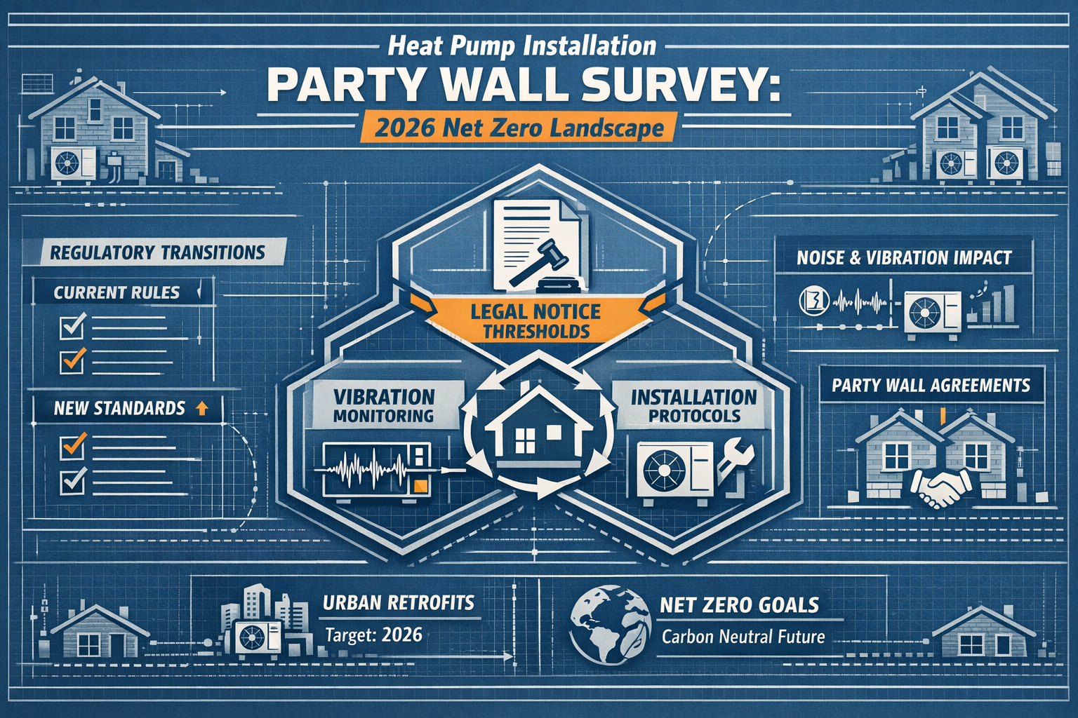 Key Takeaways infographic visualizing heat pump installation party wall survey landscape for 2026 Net Zero push. Central