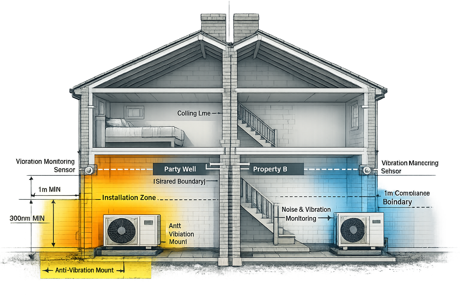 Technical architectural cutaway illustration demonstrating party wall survey requirements for heat pump installations.