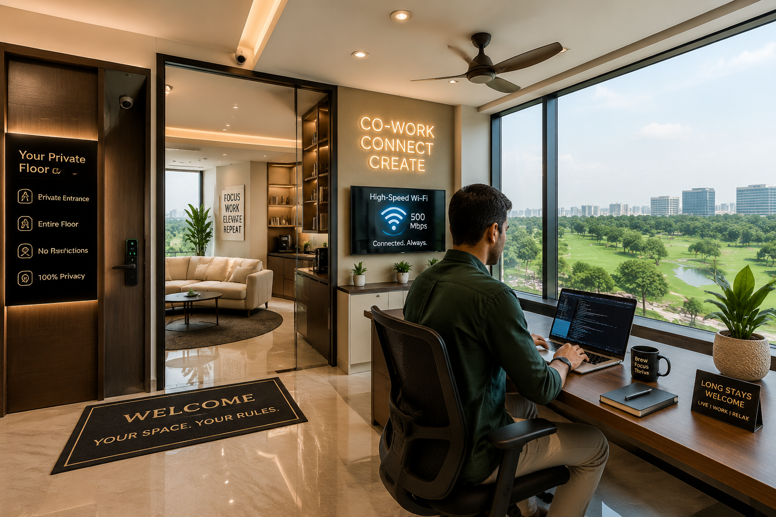 Detailed () image showing a stylish, fully automated Airbnb interior near Golf Course Road. The scene features a bright