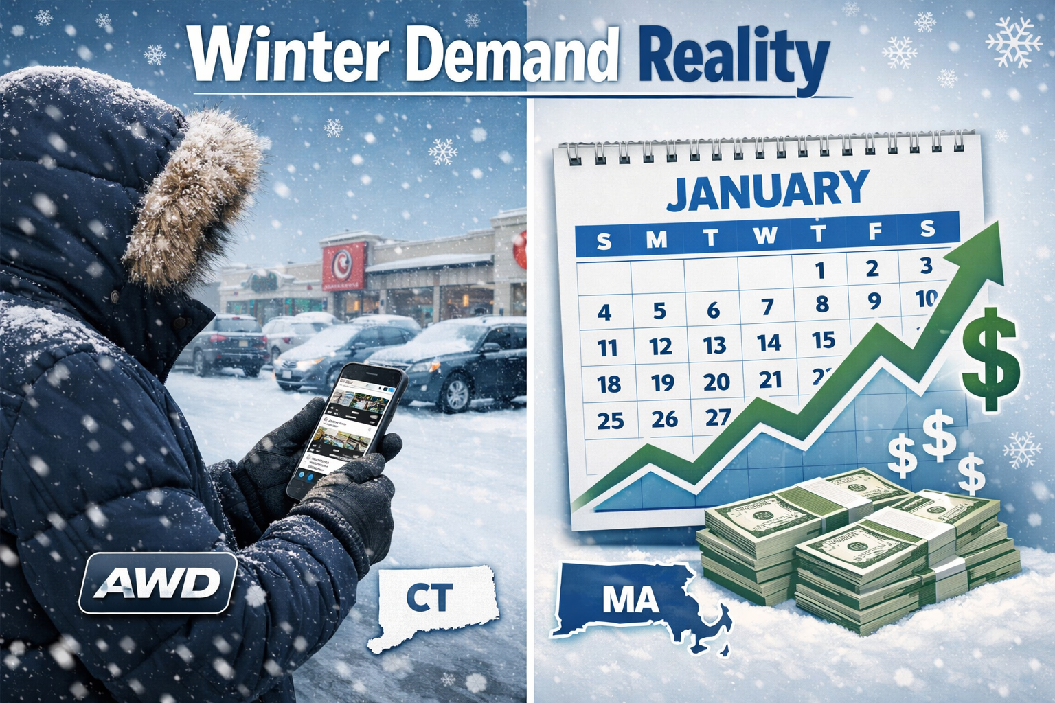Landscape format (1536x1024) editorial image showing split-screen comparison: left side depicts person bundled in winter coat looking at sma