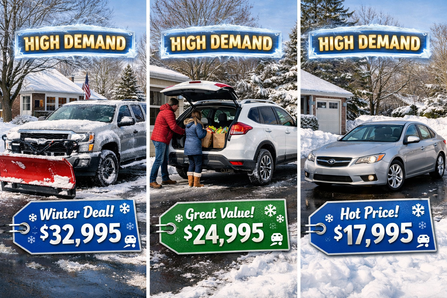 Landscape format (1536x1024) detailed product showcase featuring three vehicle types in winter setting: rugged 4WD pickup truck with plow at