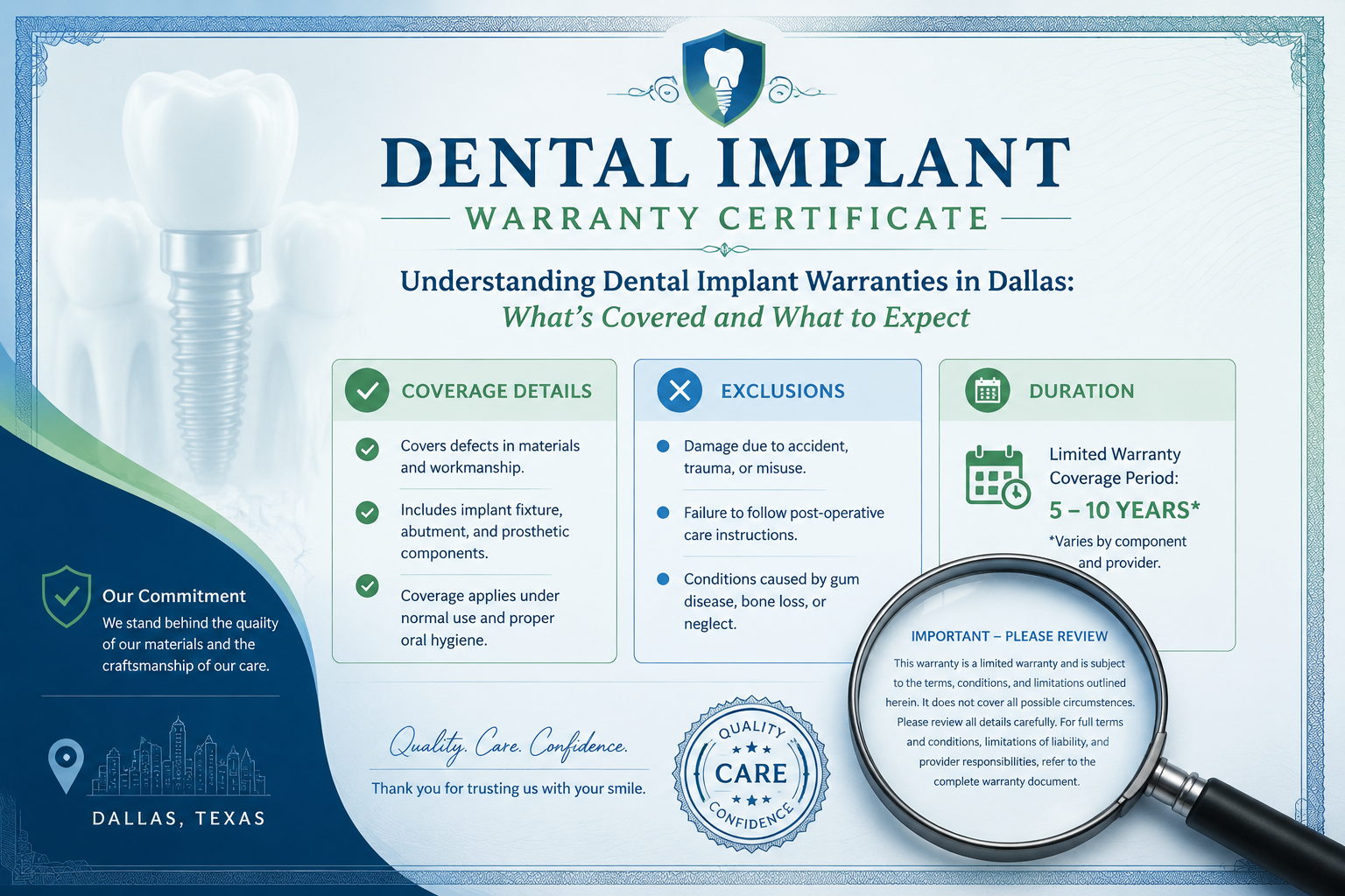 () image showing a stylized legal document or warranty certificate with abstract dental implant illustrations subtly in the