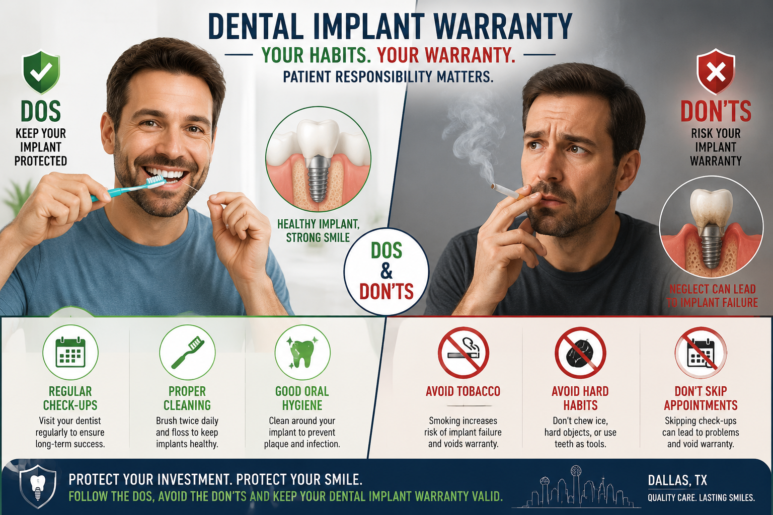 () image featuring two contrasting scenarios: one side shows a dental implant patient diligently practicing oral hygiene