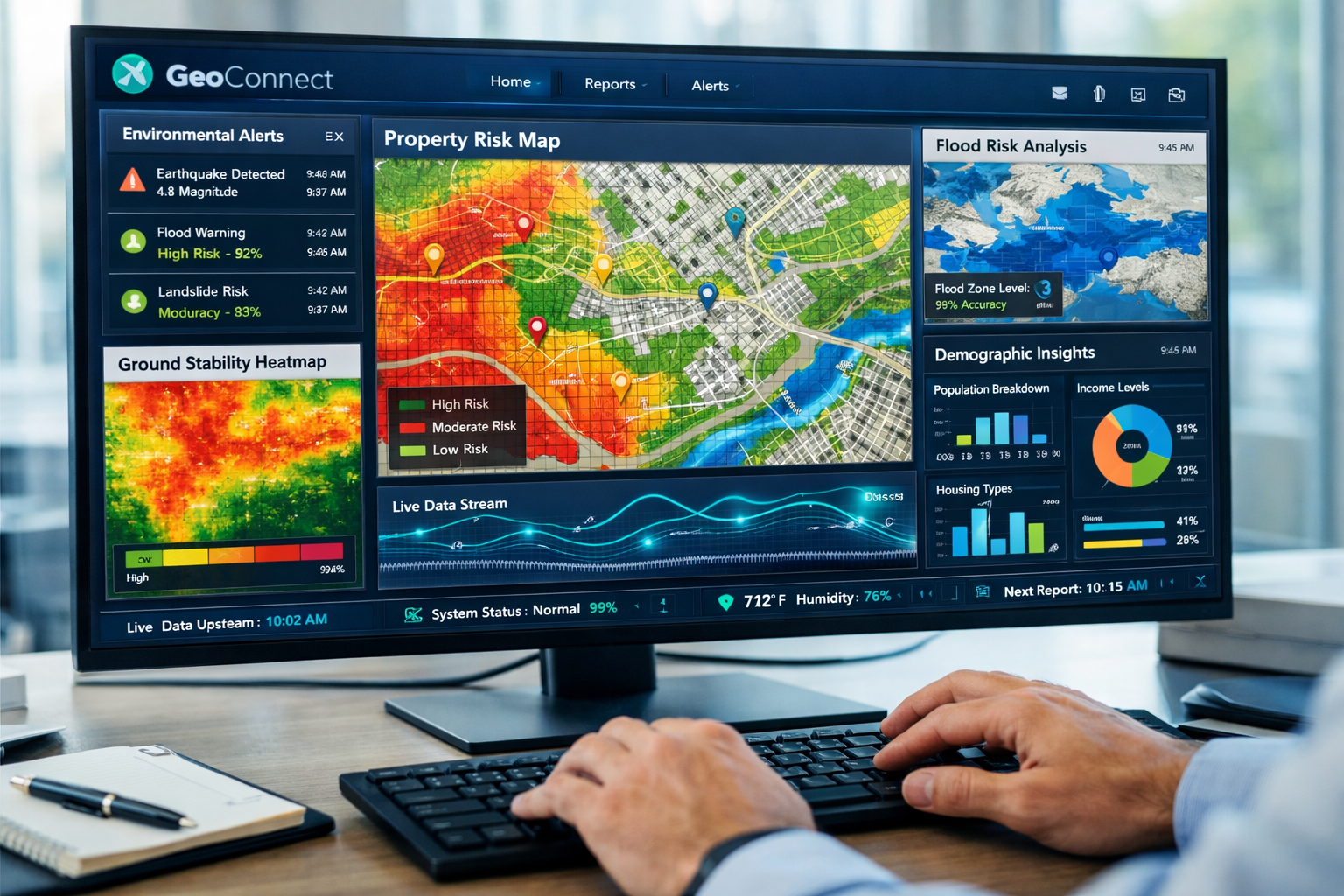 Detailed () image showing close-up of GeoConnect digital dashboard interface on large monitor with multiple data