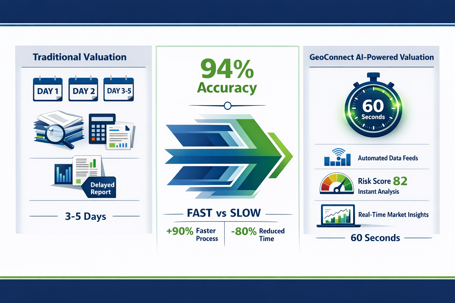 Detailed () image depicting side-by-side comparison infographic: left panel shows traditional valuation timeline with