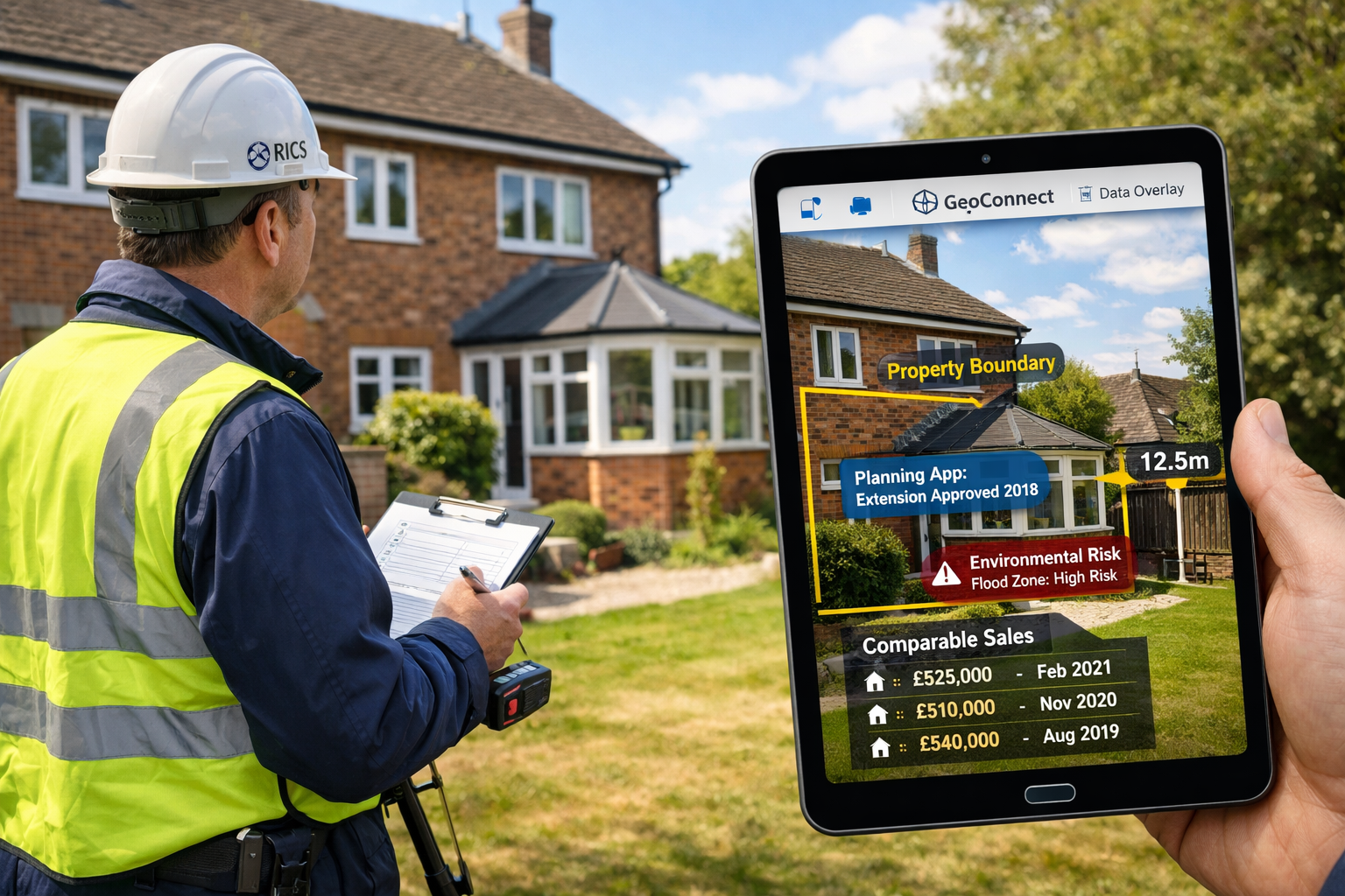 Detailed () image showing professional RICS surveyor conducting on-site property inspection while simultaneously accessing
