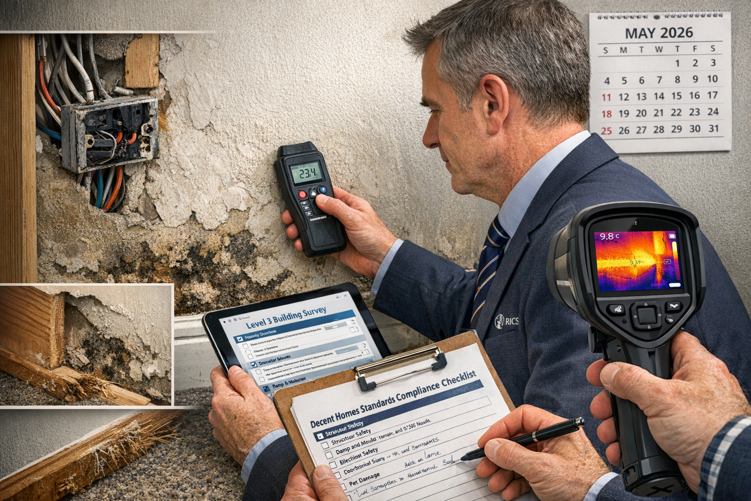 Detailed () image showing close-up of RICS chartered surveyor conducting Level 3 building survey inspection inside UK rental