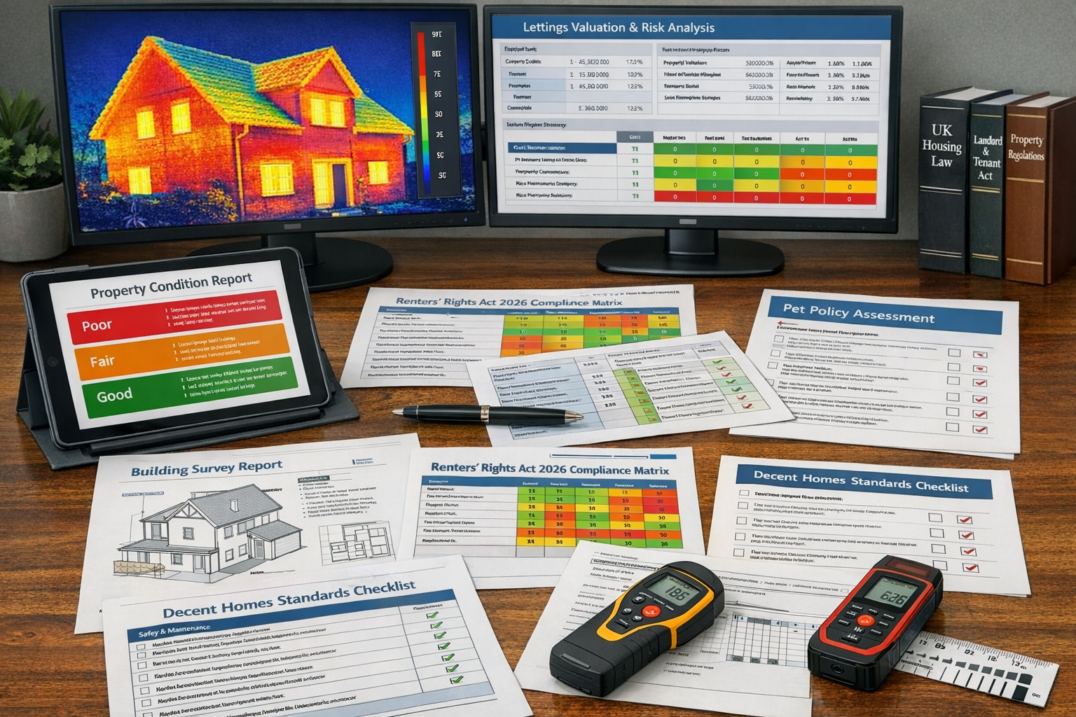 Detailed () image depicting comprehensive property compliance assessment workspace. Large desk surface covered with multiple