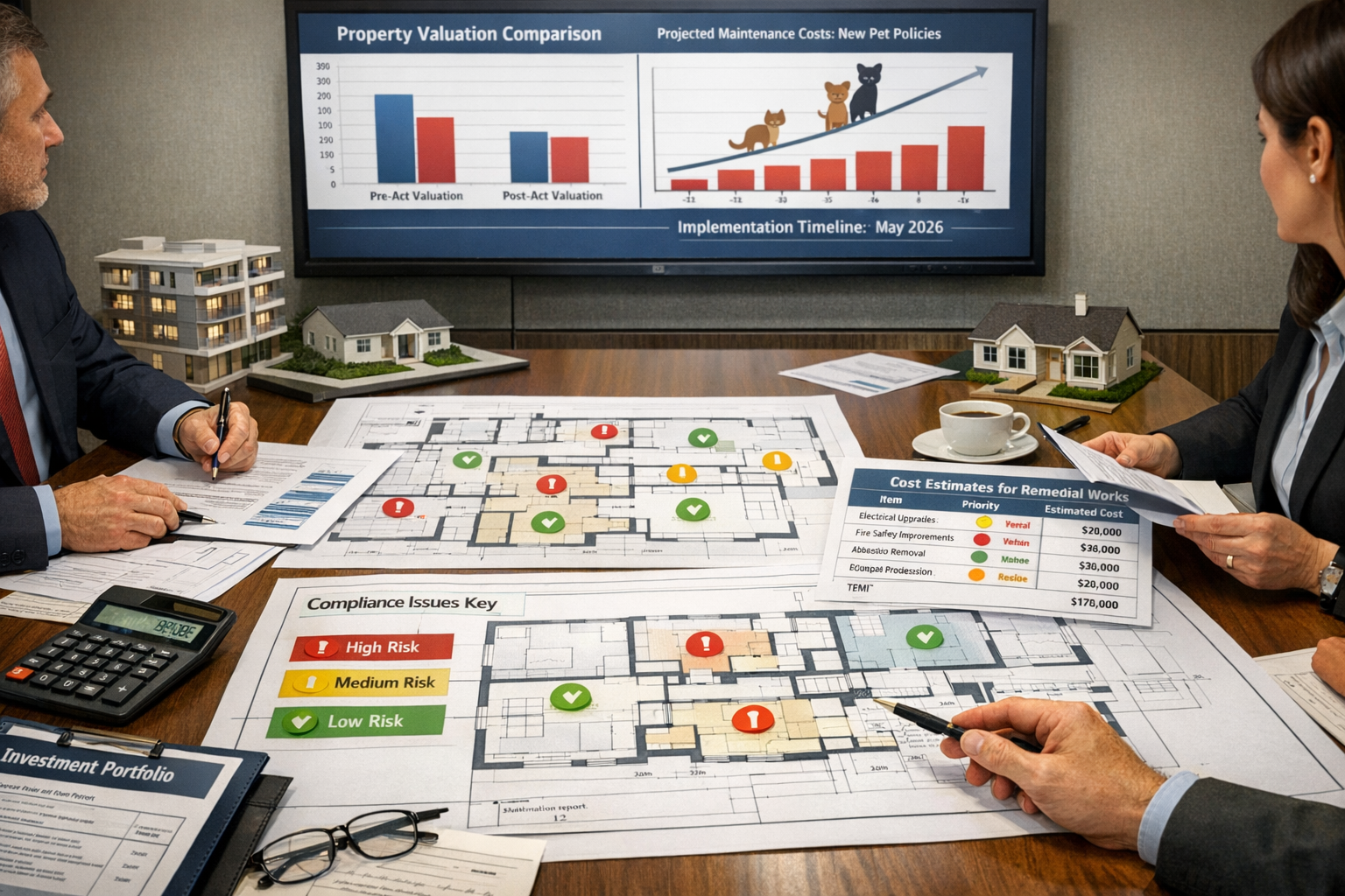 Detailed () image showing strategic risk mitigation planning session for property investors. Conference table with multiple