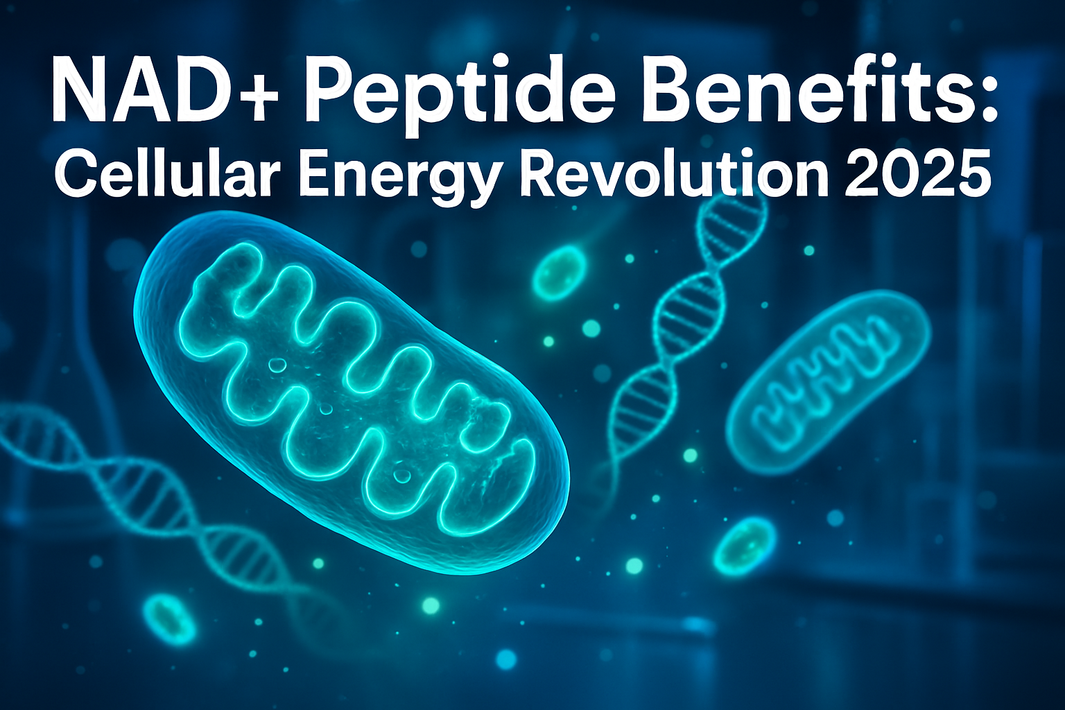 Professional landscape hero image (1536x1024) featuring bold text overlay 'NAD+ Peptide Benefits: Cellular Energy Revolution 2025' in extra 