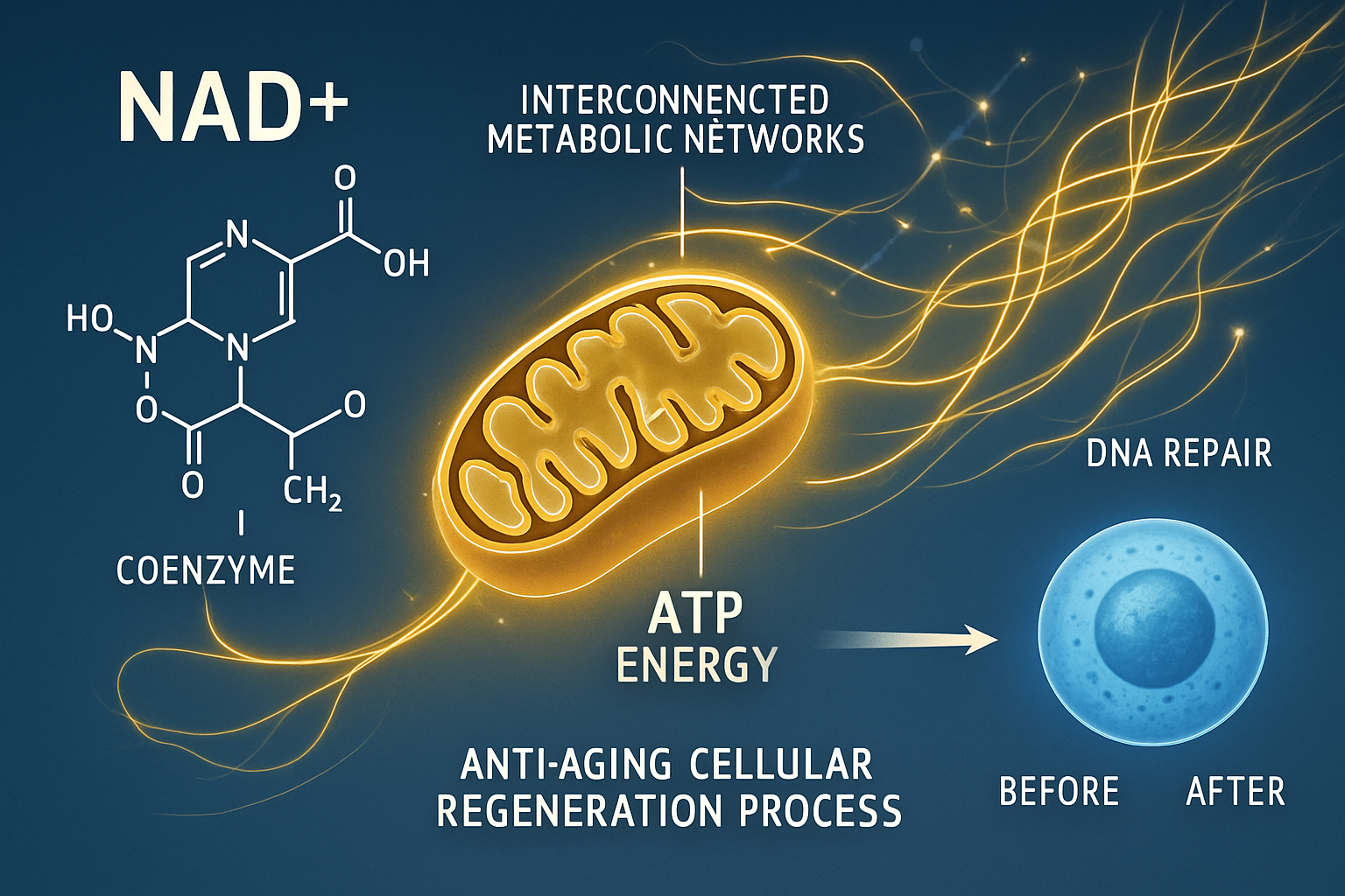 Detailed scientific illustration (1536x1024) showing NAD+ molecular structure with glowing coenzyme pathways, cellular mitochondria producin