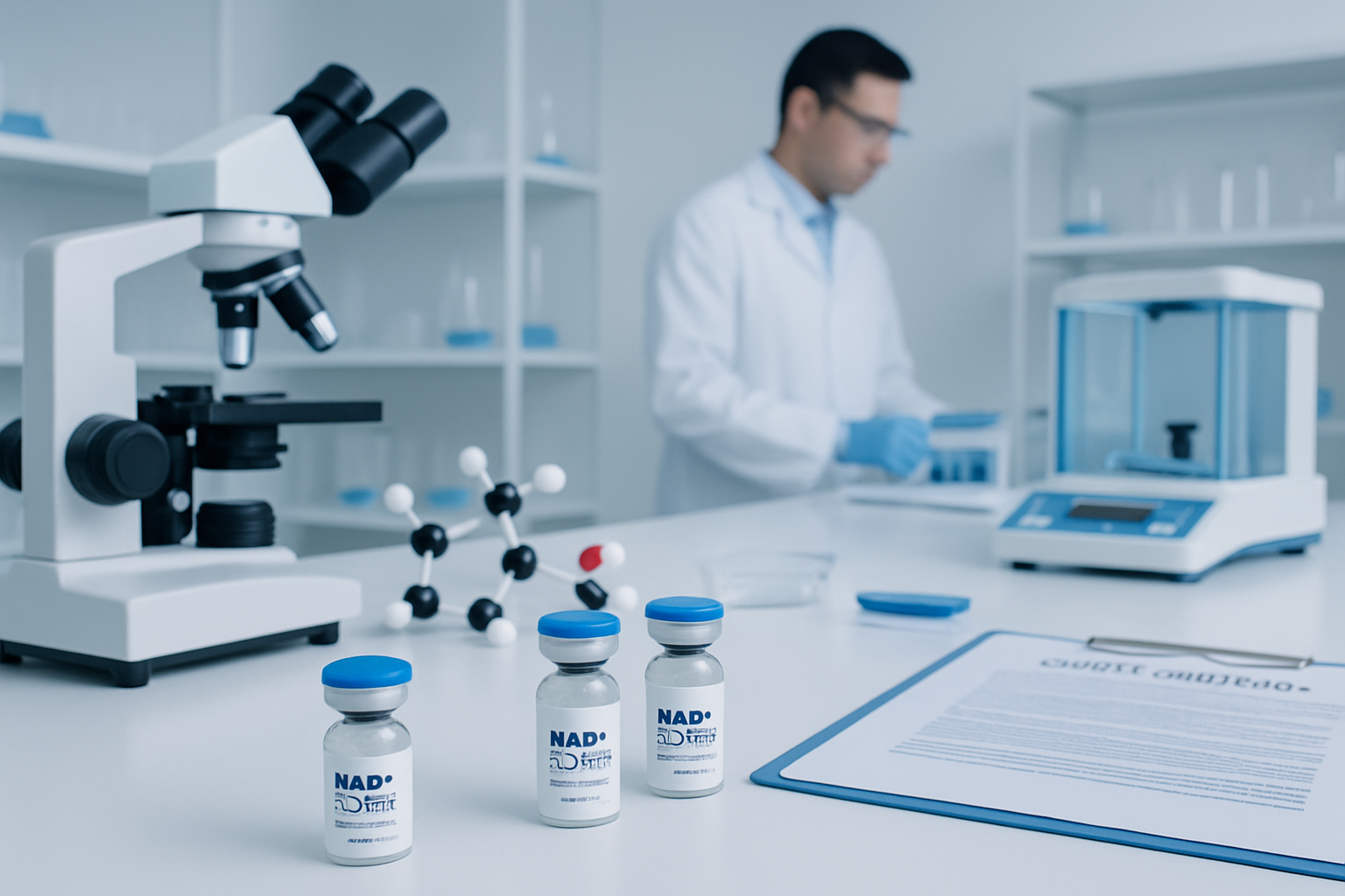 Professional research laboratory scene (1536x1024) featuring NAD+ peptide vials on clean white surfaces, precision measuring equipment, mole