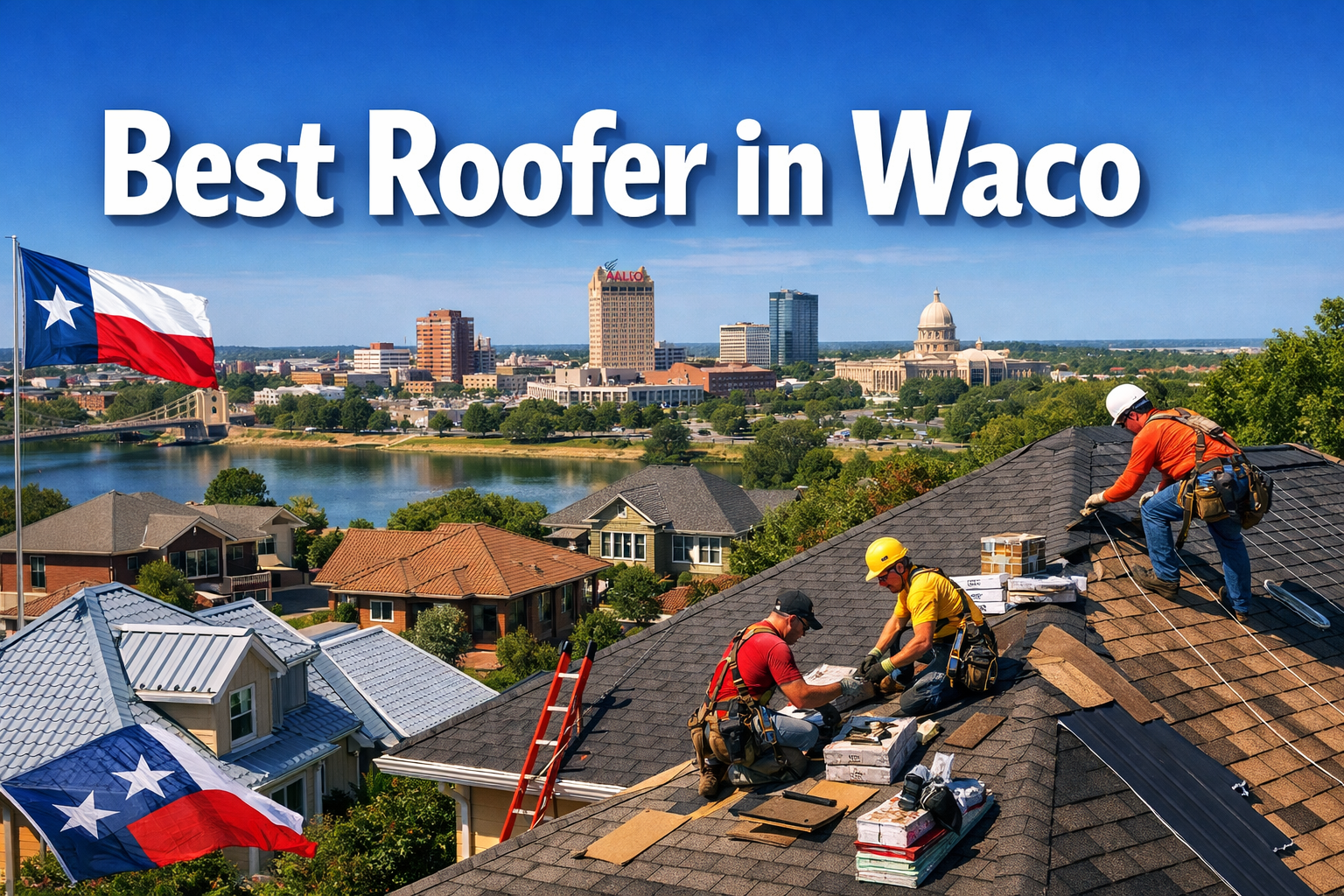 Professional landscape hero image (1536x1024) featuring bold text overlay 'Best Roofer in Waco' in extra large 72pt white sans-serif font wi