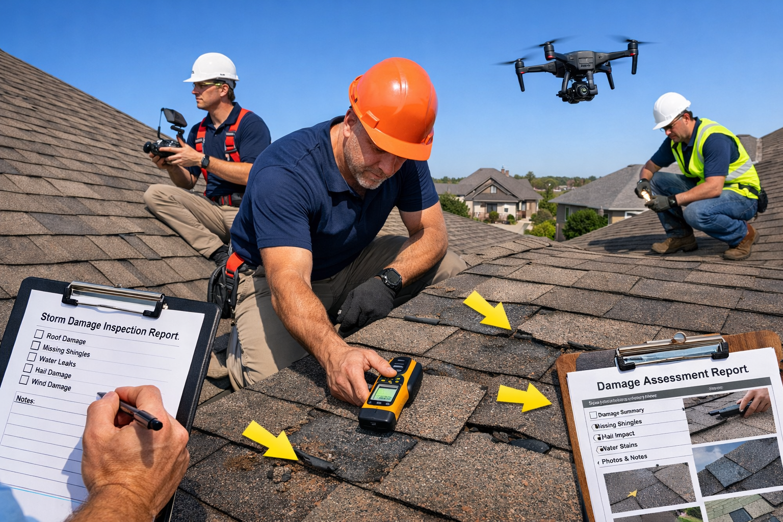 Professional landscape image showing roofing contractor team performing detailed roof inspection on Waco residential home, using professiona