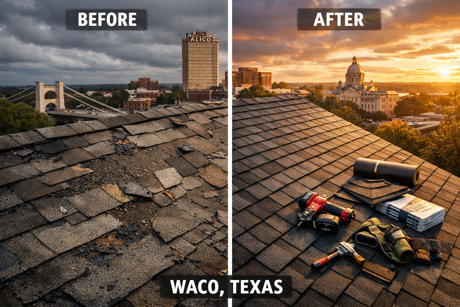 Split-screen comparison image showing before and after roof replacement in Waco - left side displays old damaged asphalt shingles with missi
