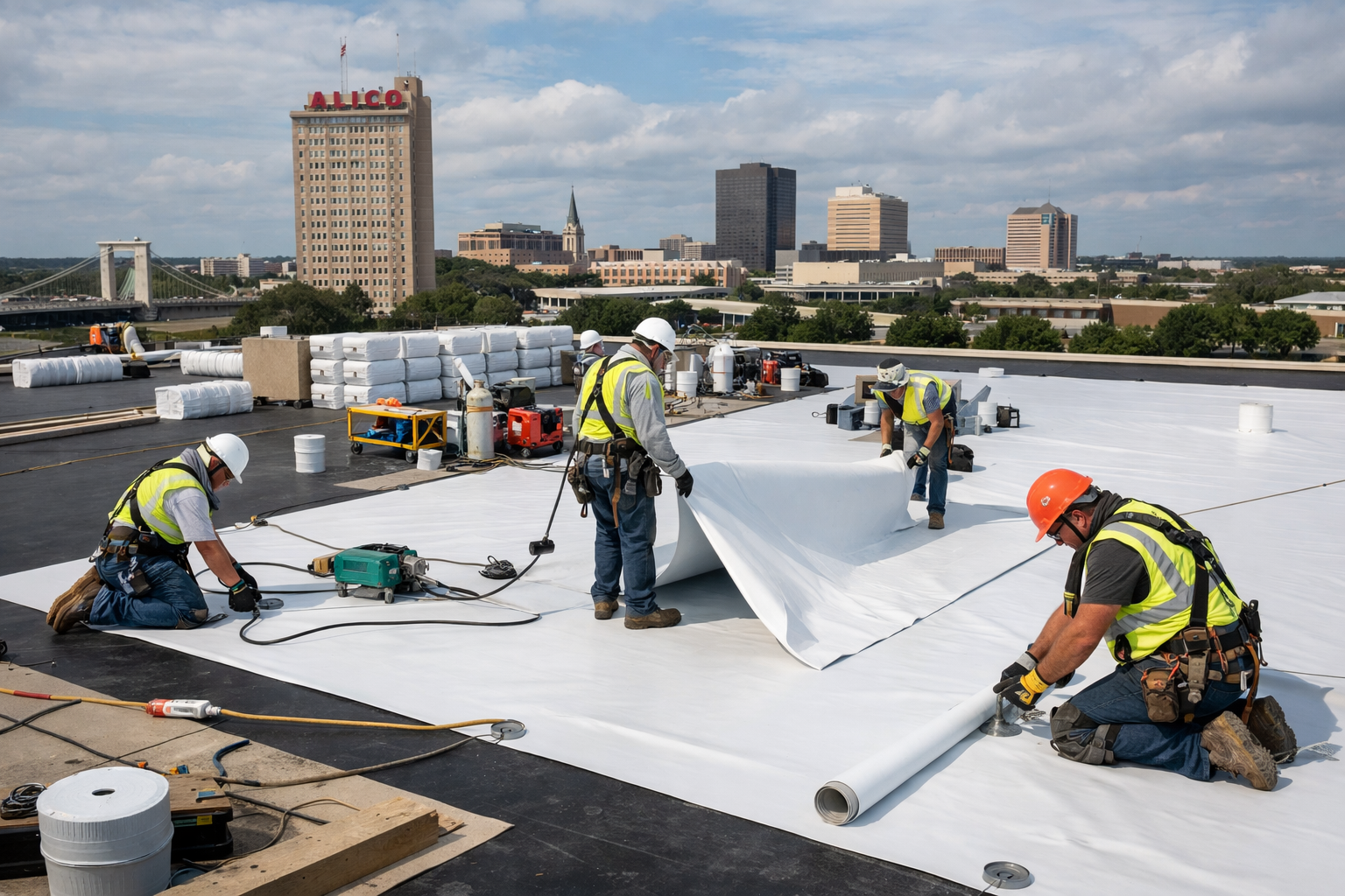 Commercial roofing project showcase featuring large Waco business building with flat roof membrane installation in progress, professional co